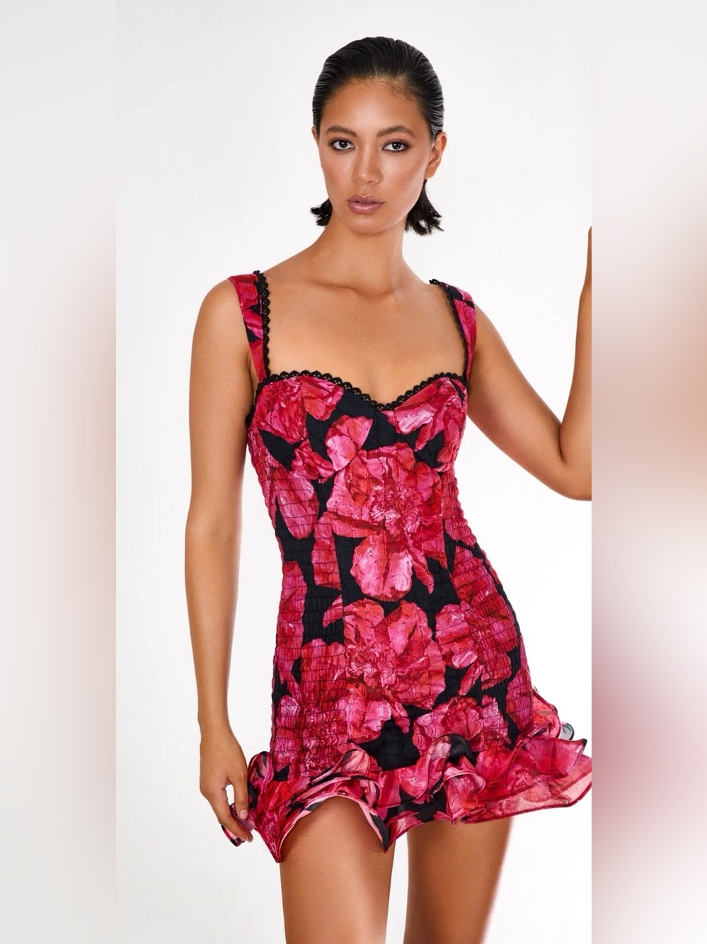 Charo Ruiz Ibiza Sunil Mini Dress Sz M Red Pink Floral Watercolor Ruffle Luxury
